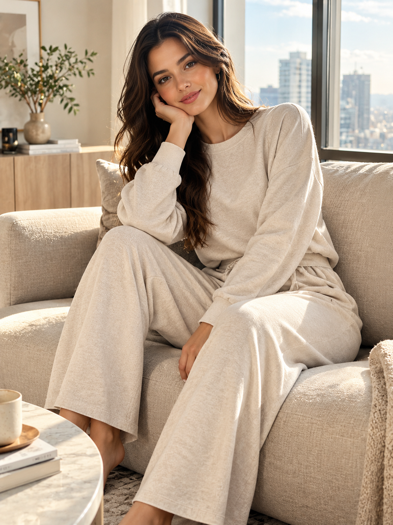 Foozni minimalist beige matching loungewear and activewear set for women