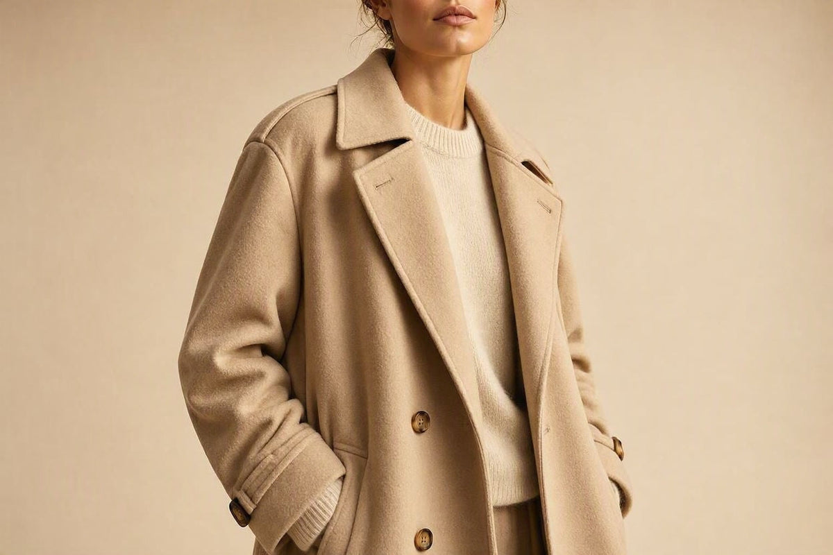 Foozni luxury oversized beige wool trench coat and winter outerwear for women
