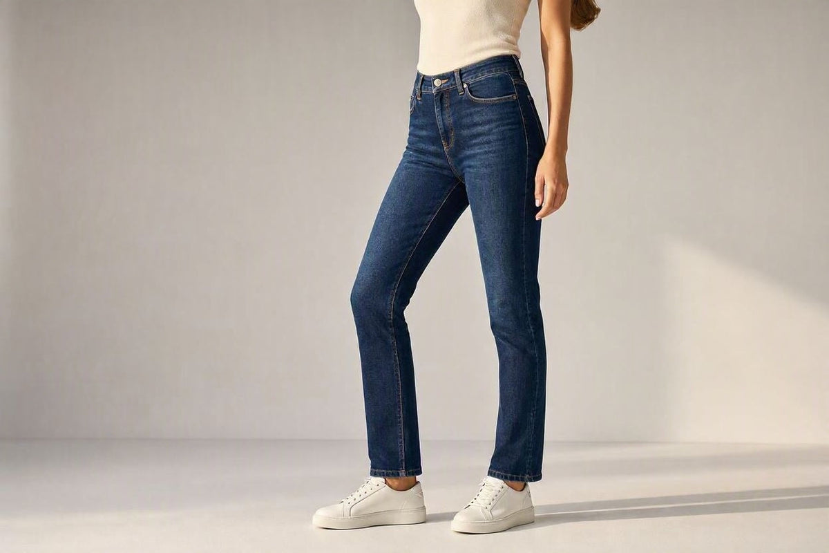 Foozni women's high-waisted dark blue fitted denim jeans collection