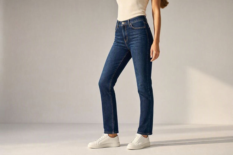 Foozni women's high-waisted dark blue fitted denim jeans collection